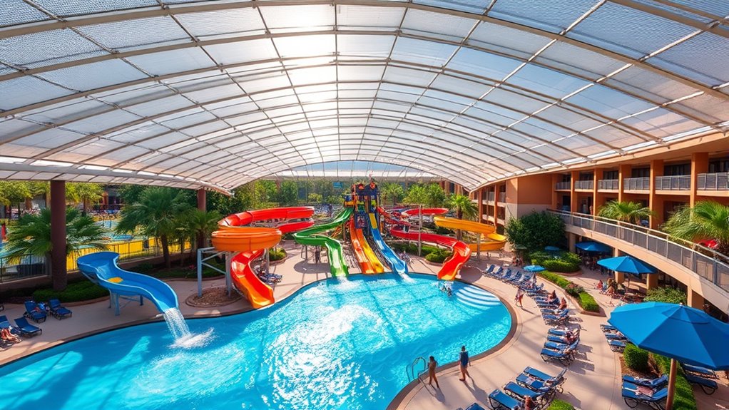 indoor water park with glass canopy