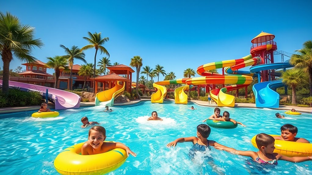 tropical waterpark with thrill rides