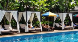 poolside cabanas provide family relaxation