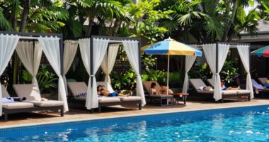 poolside cabanas provide family relaxation
