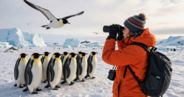 Baby emperor penguins met a giant petrel on their first trip to the sea… then something unexpected appeared.