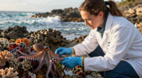 Charles Darwin Foundation scientists discover a new species of octopus nearly 1,800 metres (5,900 feet) down on the ocean floor near the Galapagos Islands. No bigger than a golf ball, the blue octopus has stubby little arms with only one row of suckers