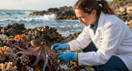 Charles Darwin Foundation scientists discover a new species of octopus nearly 1,800 metres (5,900 feet) down on the ocean floor near the Galapagos Islands. No bigger than a golf ball, the blue octopus has stubby little arms with only one row of suckers