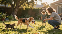 Owner asks dog to bring cat playing with kid back