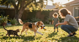 Owner asks dog to bring cat playing with kid back
