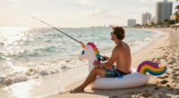 TIL a man in a unicorn pool floaty was fishing near the beach in Fort Lauderdale when he hooked a 10-foot shark that proceeded to drag him four miles offshore in his floaty. He was eventually rescued by the crew of a larger fishing vessel who were baffled at the situation when they happened upon him