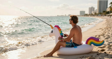 TIL a man in a unicorn pool floaty was fishing near the beach in Fort Lauderdale when he hooked a 10-foot shark that proceeded to drag him four miles offshore in his floaty. He was eventually rescued by the crew of a larger fishing vessel who were baffled at the situation when they happened upon him