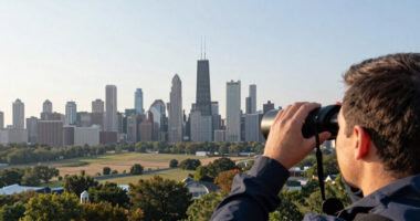 You can see the Chicago skyline visible from nearly 50 miles away in the Indiana Dunes sunset.